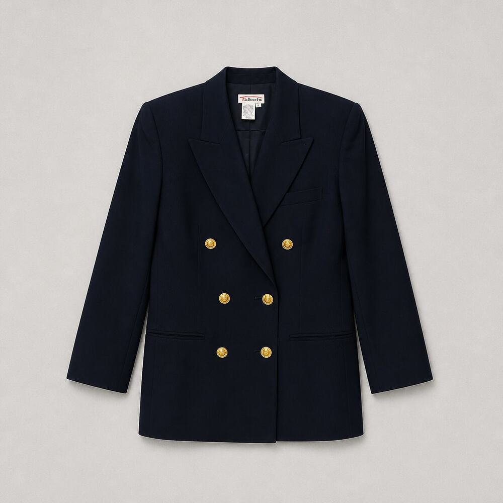 Vintage Talbots Navy 100% Wool Double Breasted Gold Button Blazer Size 4 USA